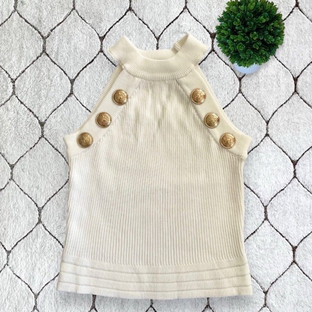 DAIMARAN Manila Crop Top Sleeveless White Gold Buttons S